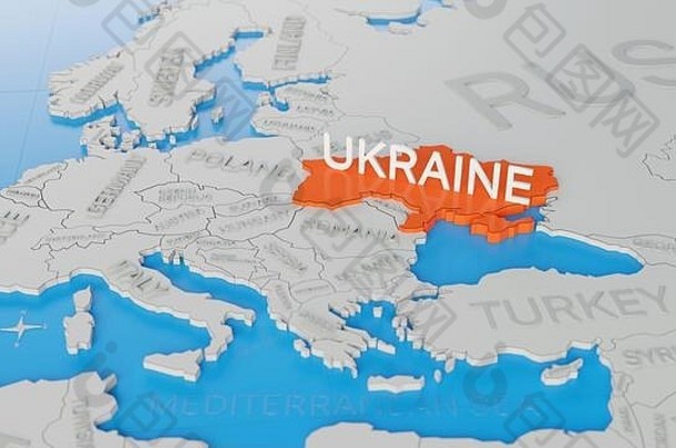 乌克兰突出显示白色简化世界地图数字渲染