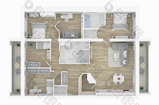 地板上计划首页插图开放概念生活公寓布局