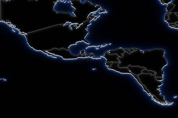 地图南美国蓝色的霓虹灯黑色的国际边界全球地缘政治概念数字渲染