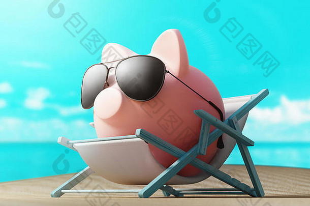 小猪银行帆布躺椅假期渲染插图