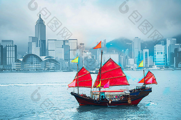 象征在香港香港传统的木帆船维多利亚港
