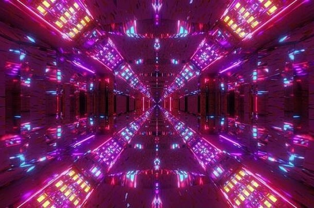 没完没了的发光的灯未来主义的科幻机库隧道走廊不错的电反射插图壁纸背景图形设计