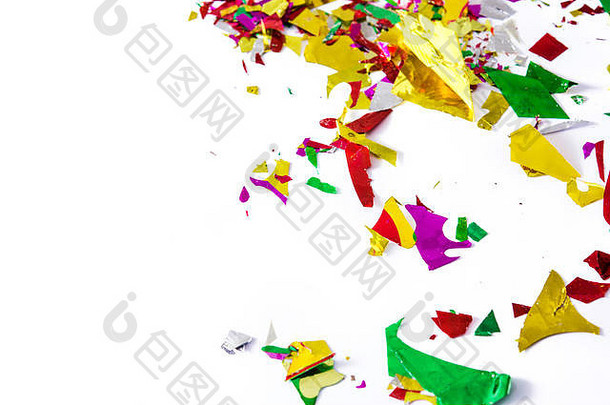 色彩斑斓的五彩纸屑聚会，派对概念白色背景前视图Copyspace