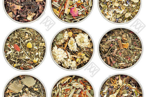 集合Herbal混合中国人茶轮金属罐前视图孤立的白色