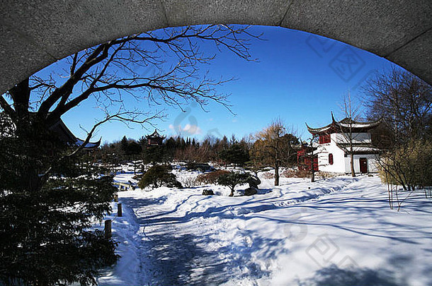 图像中国人花园蒙特利尔植物花园冬天