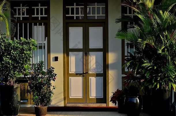 入口传统的新加坡商店房子历史珠chiat软早....光装饰植物