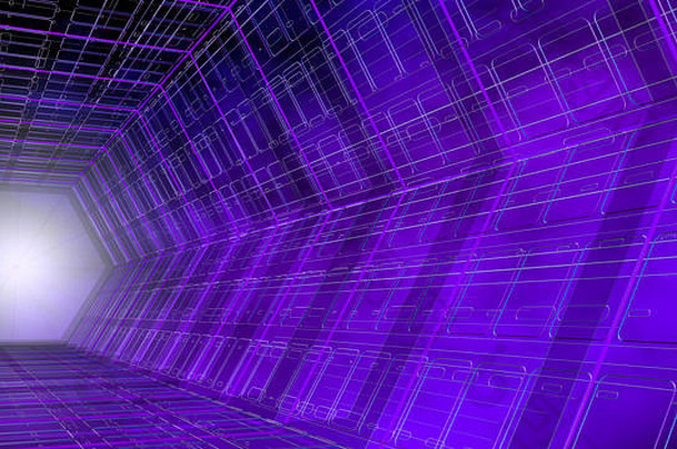 未来主义的背景一边视图隧道六角形状结构紫色的蓝色的白色光背景插图