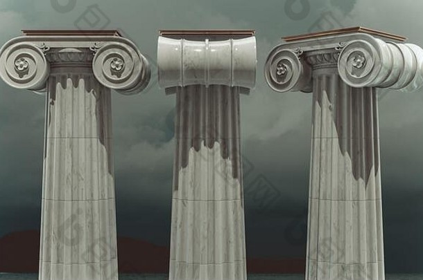 渲染希腊列离子风格古老的希腊柱子雷声云背景