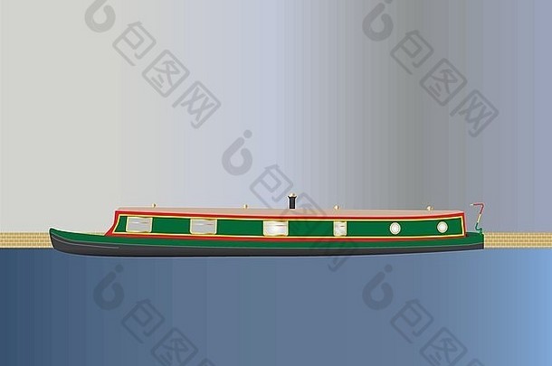 绿色红色的narrowboat驳船浮动运河天空背景