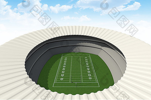 足球体育场的帖子标志着绿色草球场白天蓝色的天空背景