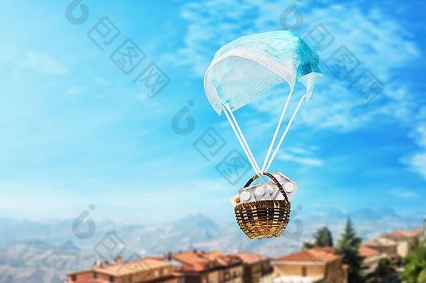 医疗面具形式降落伞篮子药片天空背景人道主义援助概念