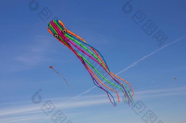 色彩斑斓的丝带风筝数据挂波兰人飞行蓝色的天空背景风筝节日