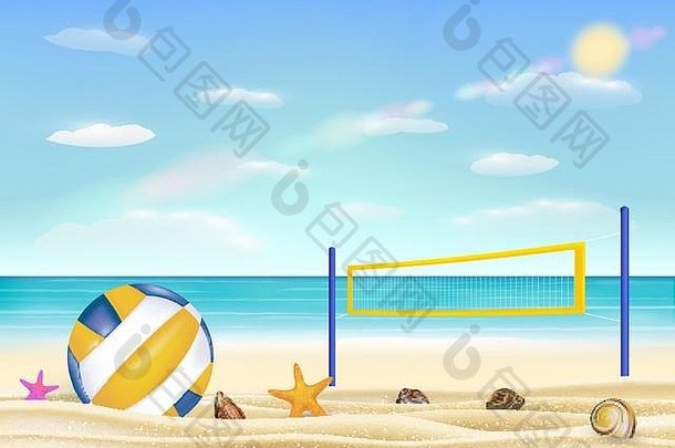 海滩排球网沙子海滩带海天空背景