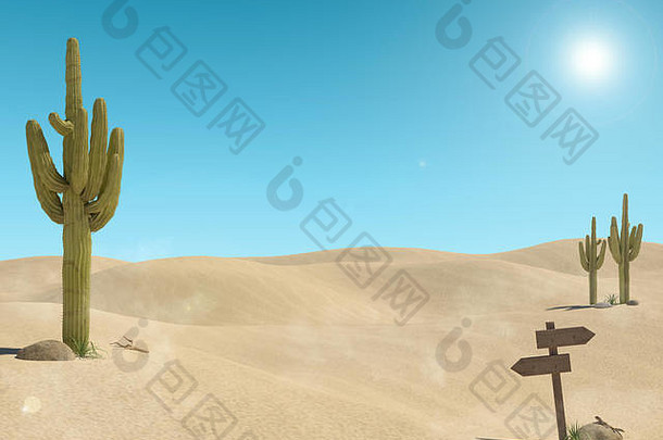 桑迪沙漠景观仙人掌木标志蓝色的天空背景呈现