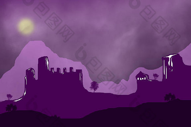 插图城堡周围墙石头中世纪的堡狂风暴雨的晚上紫色的天空梯度背景城堡墙塔