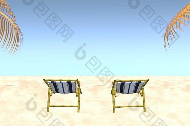 海滩椅子海滩棕榈树叶子蓝色的天空背景夏天旅行假期假期概念呈现插图