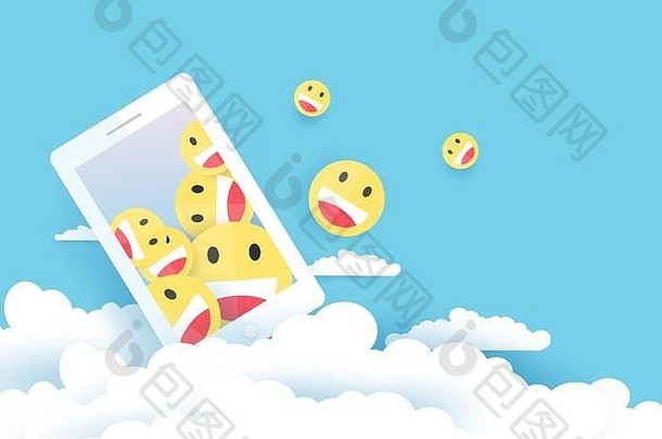 移动聪明的电话屏幕云微笑情感图标标志天空背景可爱的技术有创意的的想法设计