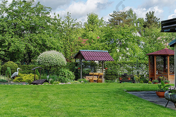 部分绿色欧洲装饰村花园绿色草坪上花灌木阳光明媚的一天夏天景观