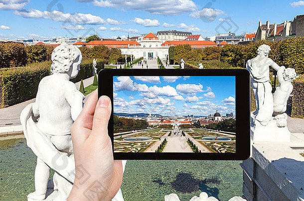 旅行概念旅游快照喷泉花园较低的瞭望台宫维也纳平板电脑