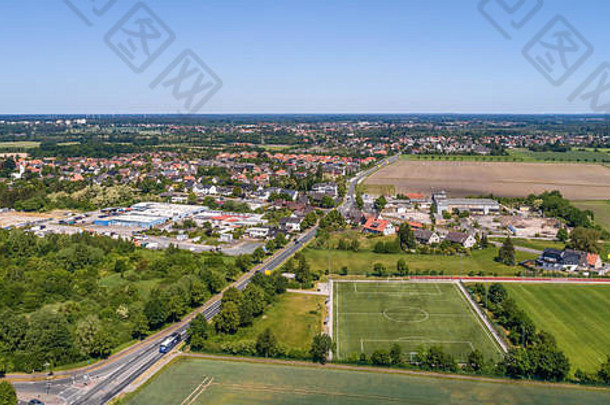 空中视图工业房地产郊区沃尔夫斯堡德国足球球场前景使无人机