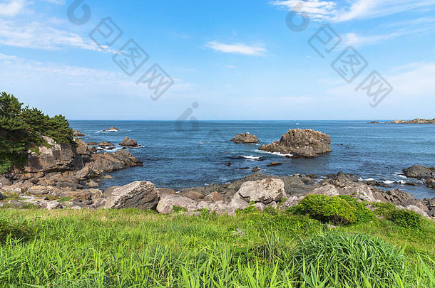 美丽的tanesashi1000 10海岸海岸线包括桑迪岩石海滩长满草的梅多斯风景优美的的观点