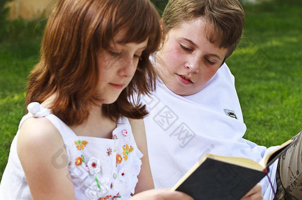 青少年肖像可爱的孩子们阅读书自然环境