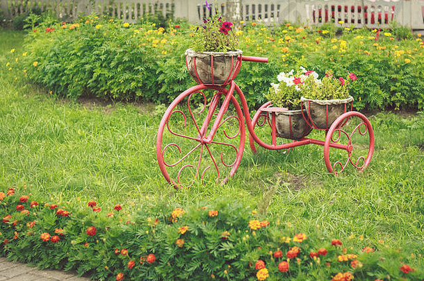 花床上形式古董自行车城市花园绿色草坪上草