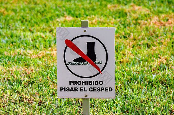 禁止的标志标签走草坪上特写镜头草坪上阳光