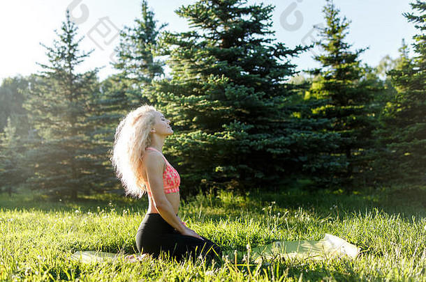 图像年轻的卷发体育女人练习瑜伽地毯公园