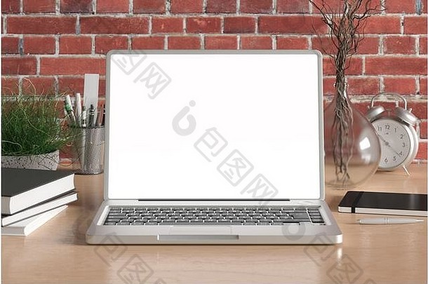 工作空间空白移动PC监控白色屏幕模拟木桌子上红色的砖墙插图
