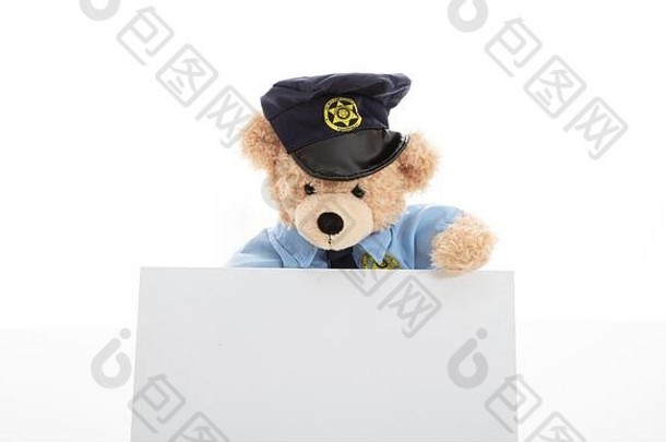 警察安全概念可爱的泰迪熊警察官统一的持有空白卡孤立的白色背景复制空间