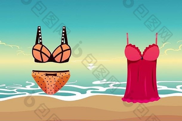 模拟插图女海滩穿摘要背景