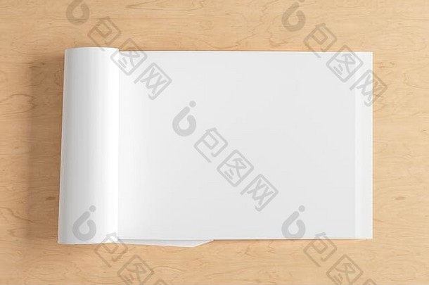 空白水平杂志页面工作空间折叠杂志模拟木桌子上视图插图