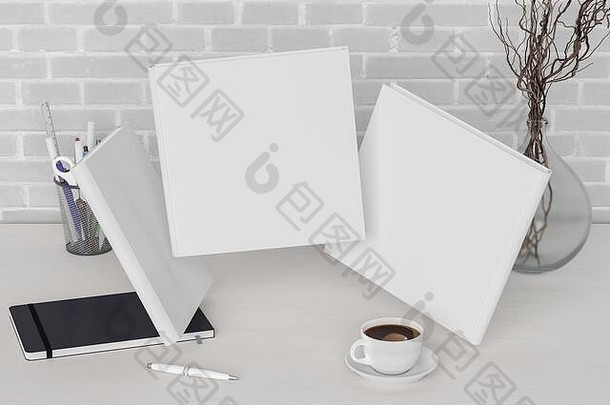 广场空白书封面模拟飞行桌子上白色办公室工作空间前面脊柱回来封面的观点插图