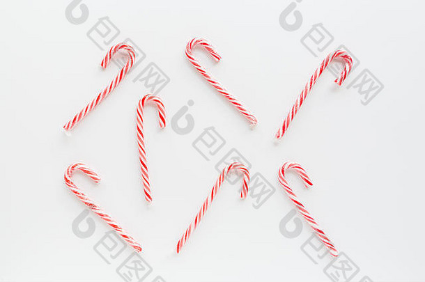 圣诞节作文棒棒糖拐杖白色背景一年概念问候卡冬天假期圣诞节庆祝活动平躺前视图