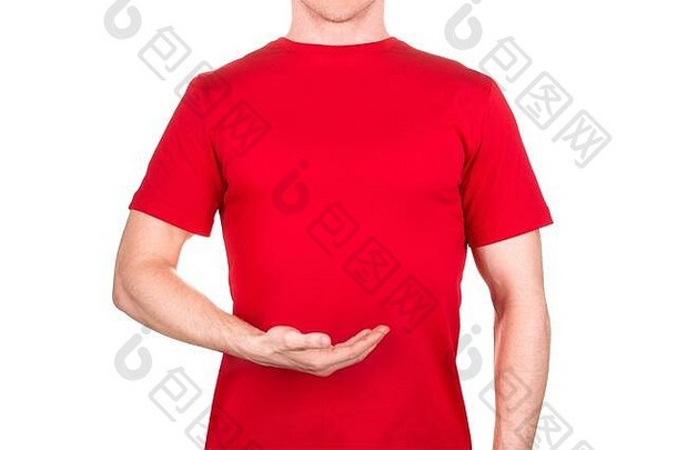 男人。<strong>红色</strong>的t恤持有棕榈孤立的白色背景