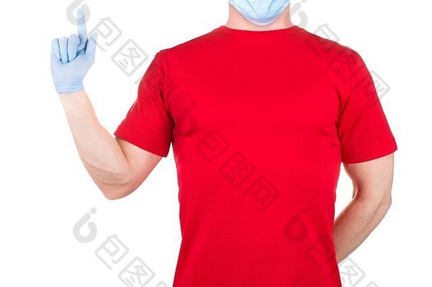 男人。红色的t恤蓝色的脸面具手套指出手指