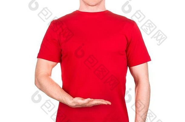 男人。红色的t恤持有棕榈孤立的白色背景