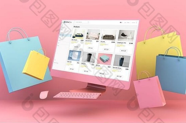 浮动电脑在线商店购物袋粉红色的背景呈现