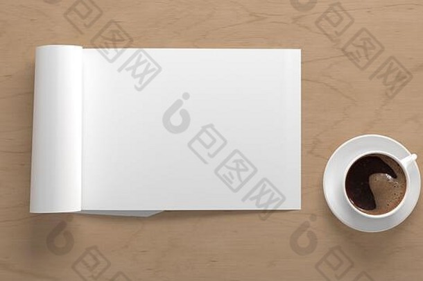 空白水平杂志页面工作空间折叠杂志模拟木桌子上杯咖啡视图插图
