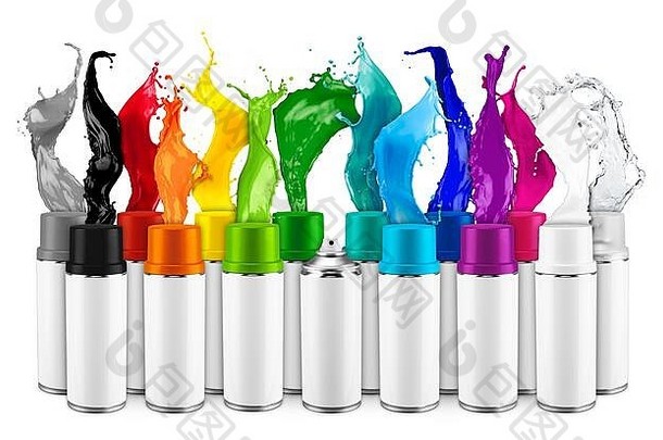 行喷雾喷涂色彩斑斓的彩虹油漆液体颜色飞溅爆炸孤立的白色背景行业Diypaintjob涂鸦