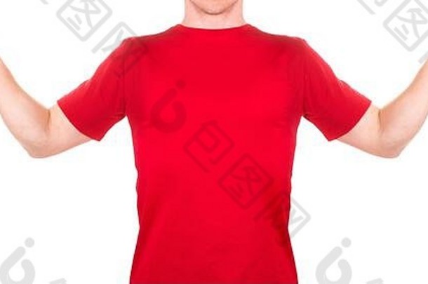 男人。<strong>红色</strong>的t恤持有手指孤立的白色