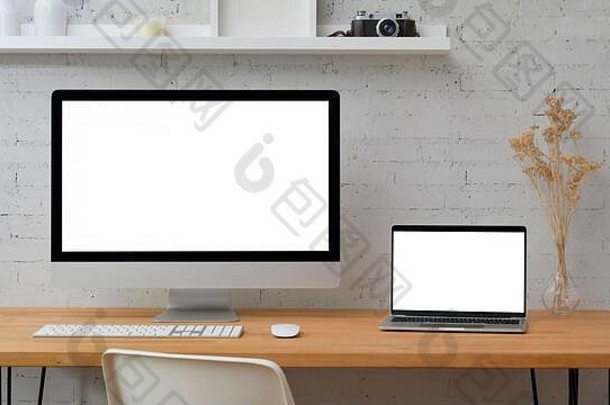 关闭视图空白屏幕桌面电脑移动PC木表格白色砖墙背景