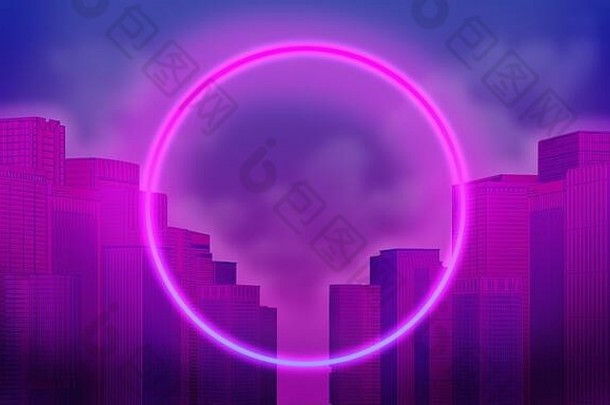 霓虹灯环背景紫色的城市模糊的云呈现