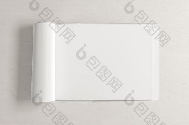 空白水平杂志页面工作空间折叠杂志模拟白色桌子上视图插图
