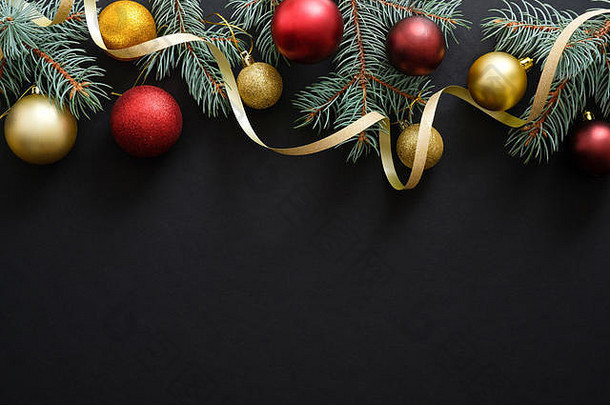 黑色的圣诞节背景金红色的装饰装饰物冷杉树分支机构圣诞节假期庆祝活动冬天一年概念克里斯