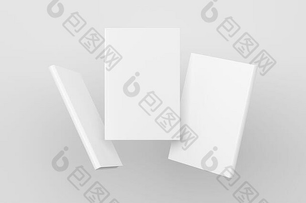 空白书封面模拟飞行白色背景前面脊柱回来封面的观点插图