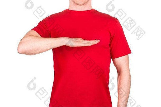 男人。<strong>红色</strong>的t恤显示高度手势孤立的白色背景