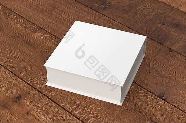 空白白色平广场礼物盒子关闭铰链皮瓣成员黑暗木背景剪裁路径盒子模拟插图