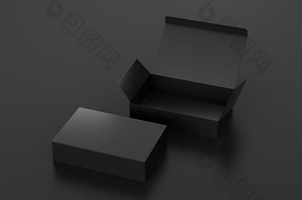 空白黑色的宽平盒子开放关闭铰链皮瓣成员黑色的背景剪裁路径盒子模拟插图